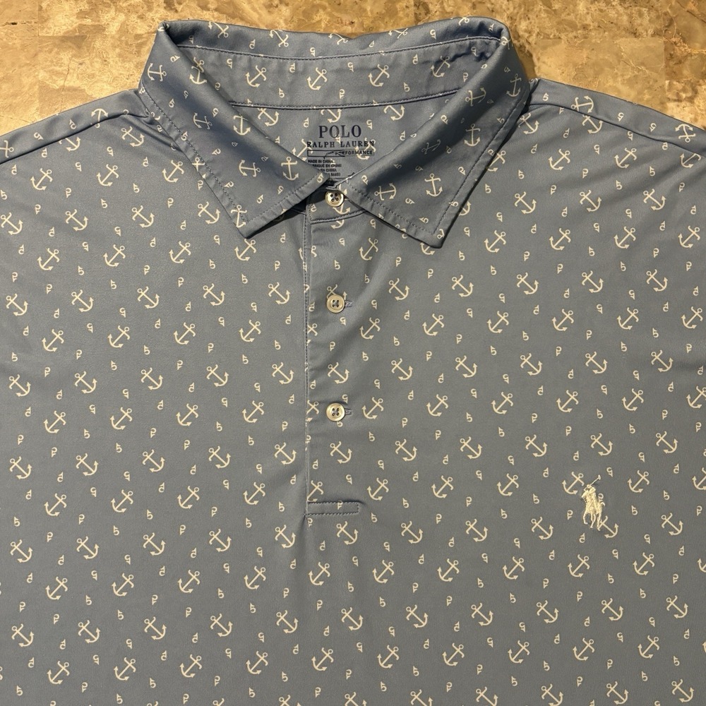 Polo Ralph Lauren Shirt Mens 2XLT 2XL Tall Blue Performance Anchors Golf Stretch